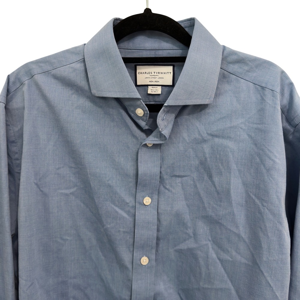 Charles Tyrwhitt Slim Fit Dress Shirt Blue 100% Cotton Non-Iron 16.5 34 Mens